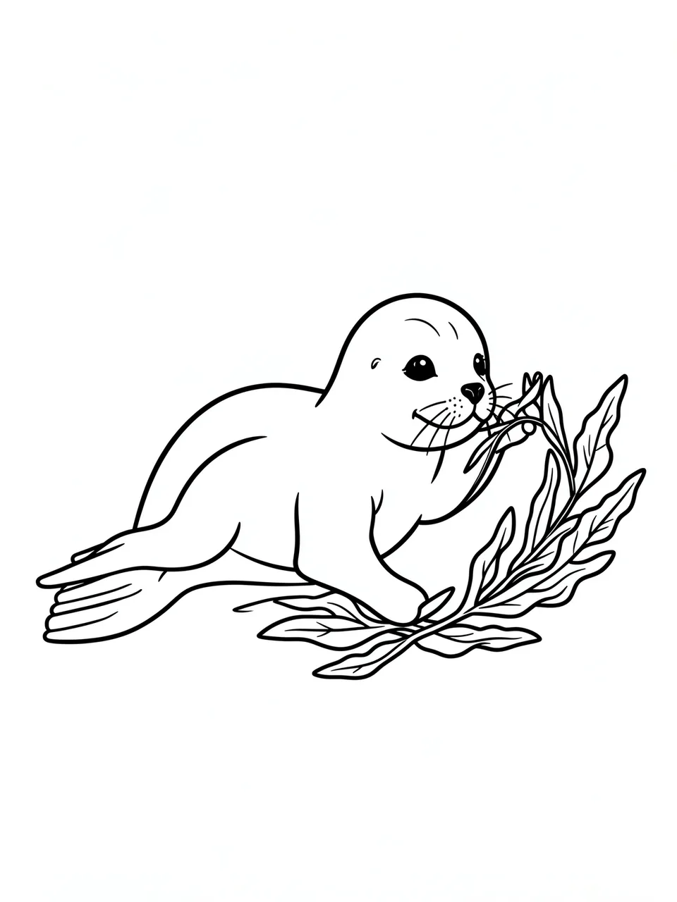 Bold black line art of a smiling baby seal interacting with a strand of kelp on a plain white background