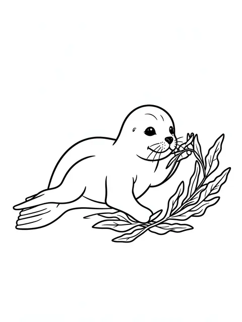 Bold black line art of a smiling baby seal interacting with a strand of kelp on a plain white background