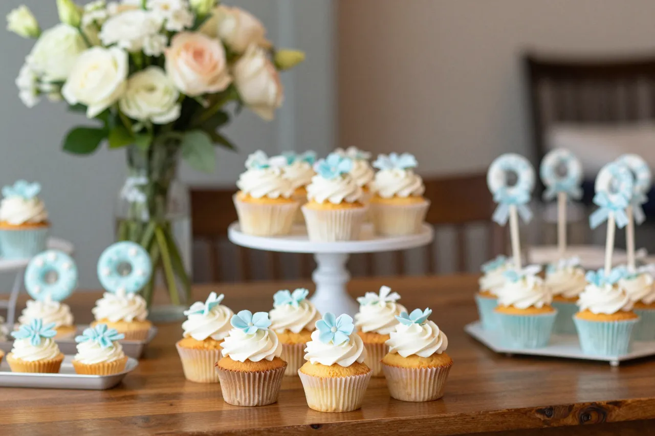 Decorated vanilla cupcakes and a pale flower bouquet arranged on a wooden party dessert table