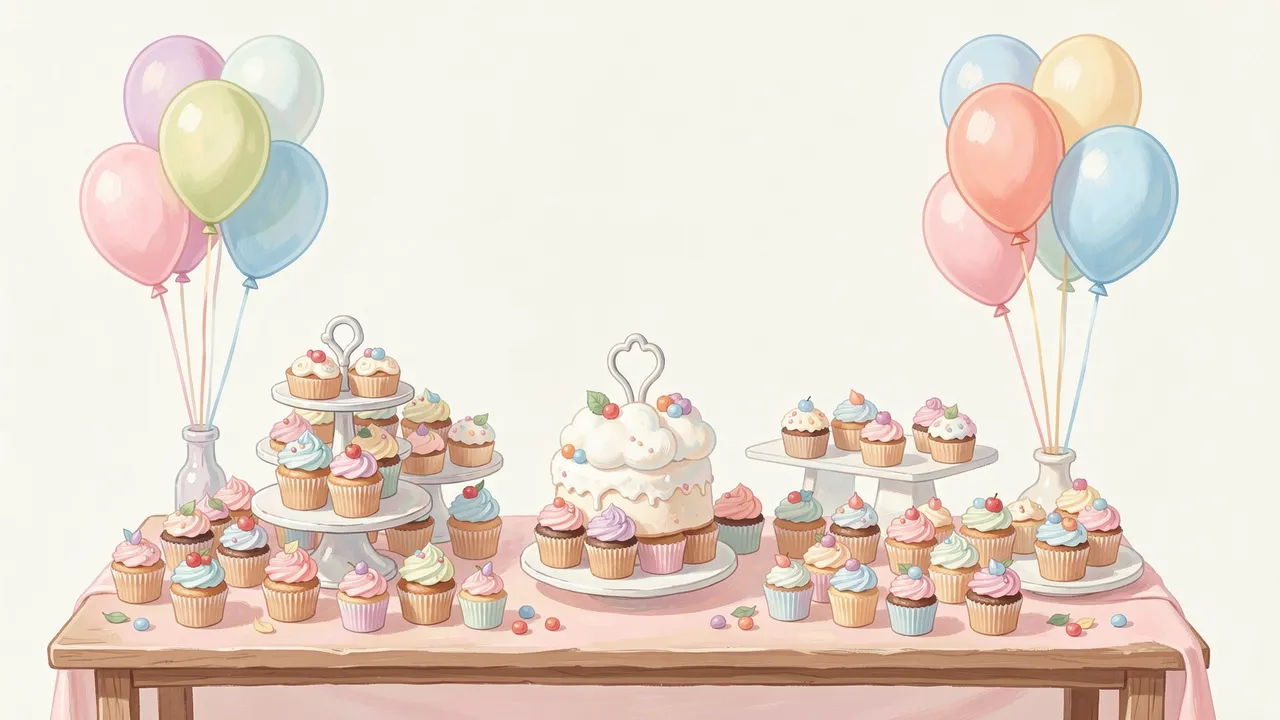 Pastel gouache illustration of a baby shower dessert table with cupcakes, cloud cake, and flanking balloons against an empty