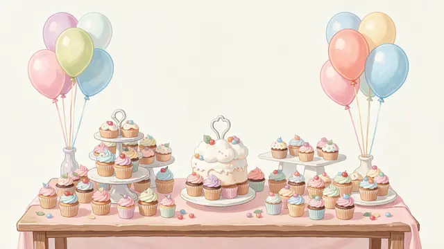 Pastel gouache illustration of a baby shower dessert table with cupcakes, cloud cake, and flanking balloons against an empty