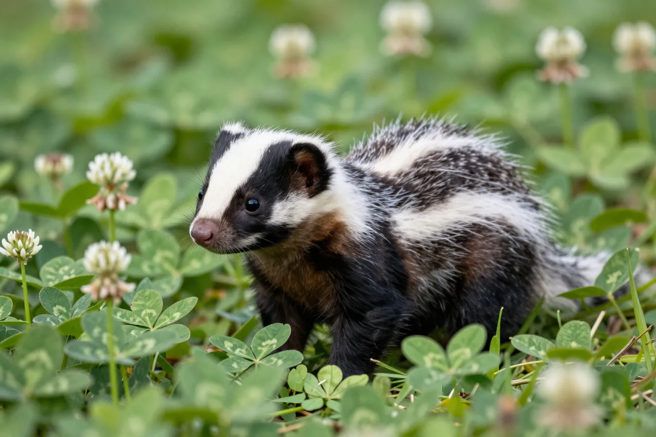A young baby skunk stands among green clover leaves and small white clover flowers.