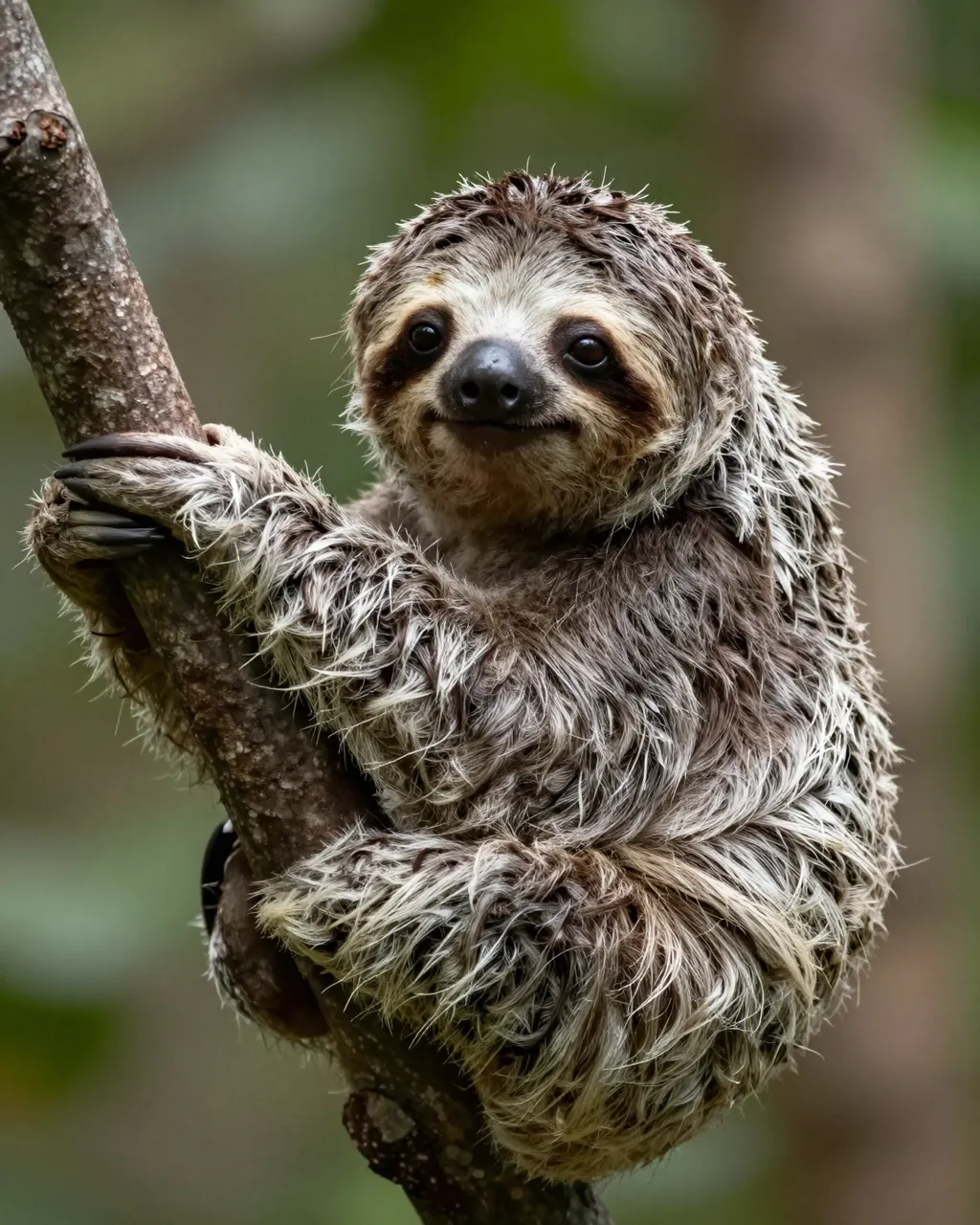 A fluffy baby sloth grips and hugs a tree branch while looking directly at the camera.