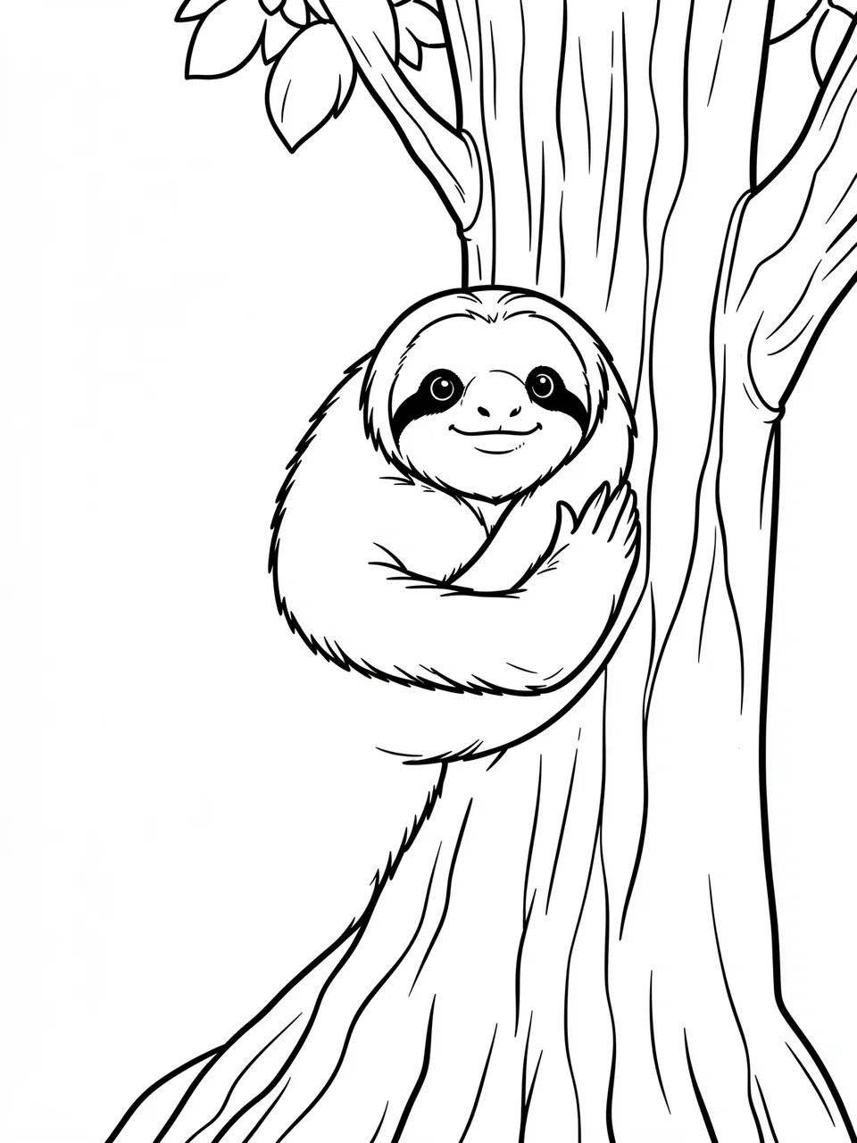 Black and white line art of a smiling baby sloth hugging a tree trunk on a plain white background