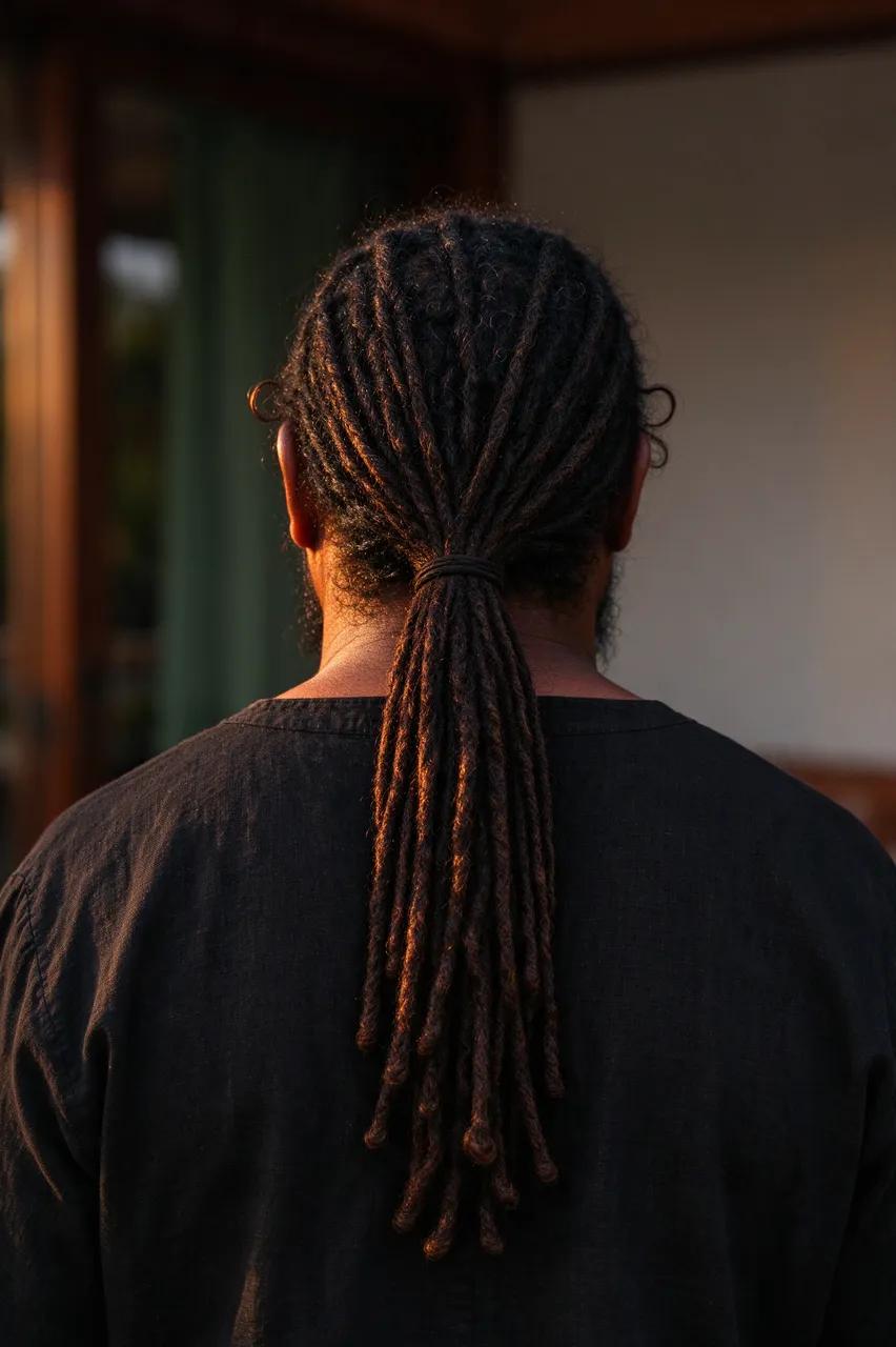 Back view of a man with long locs in a low ponytail lit by warm evening light