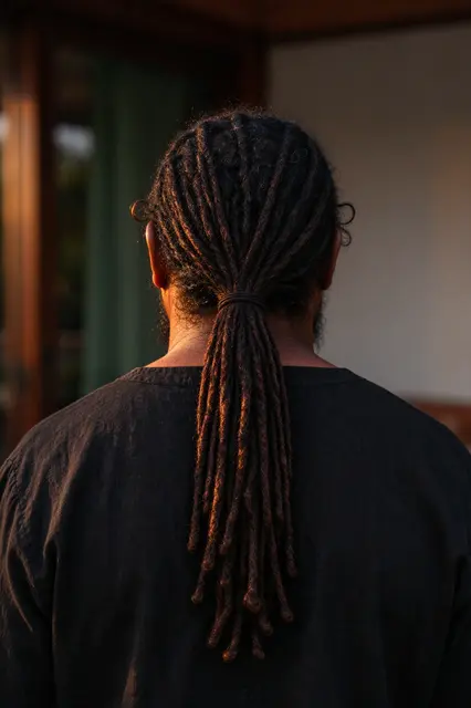 Back view of a man with long locs in a low ponytail lit by warm evening light