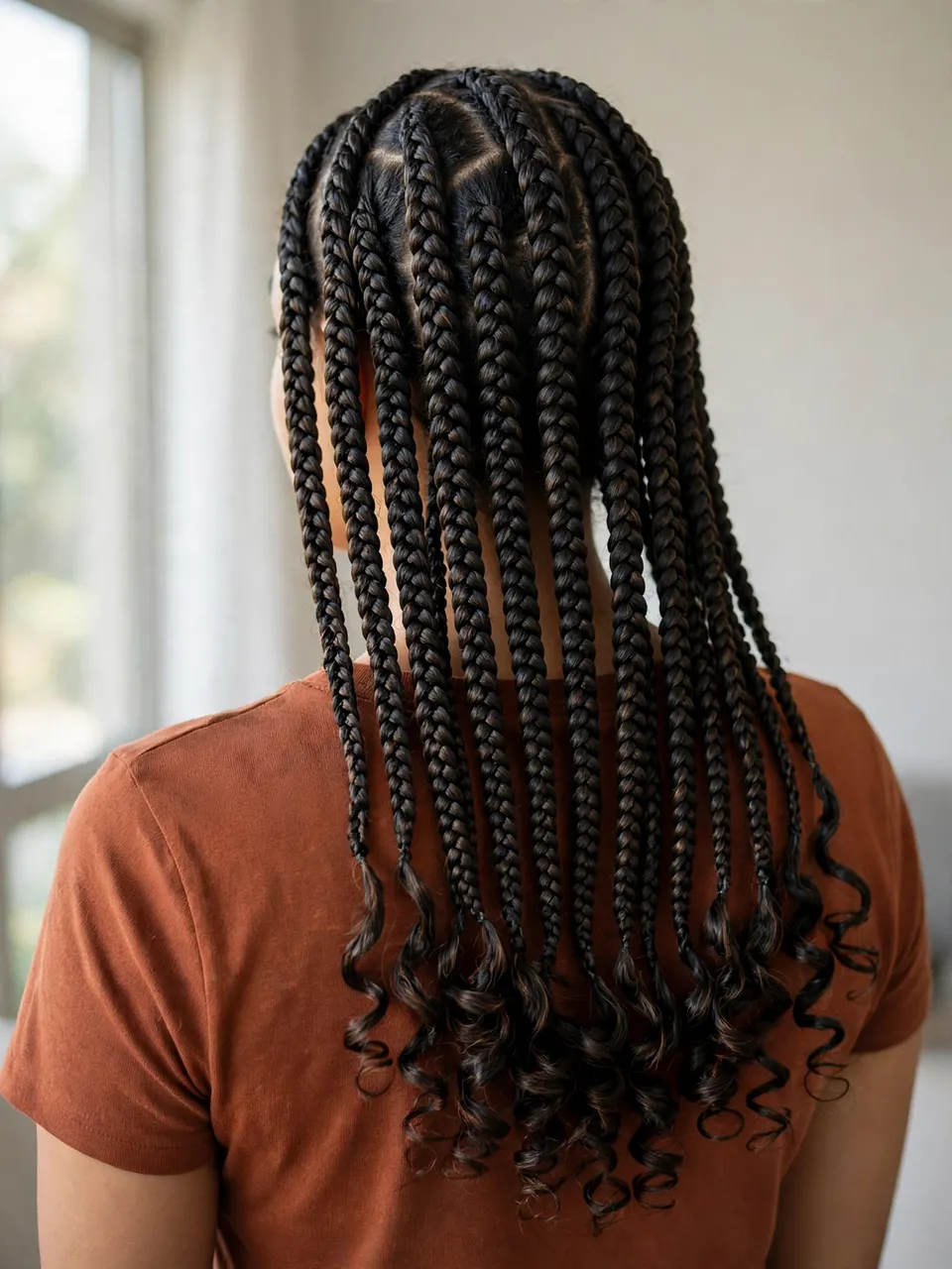 Back view of a woman with waist-length knotless braids and curled ends standing near a sunlit window