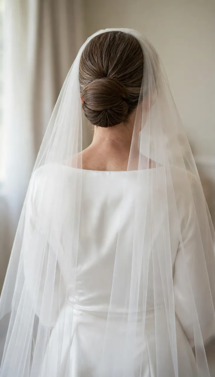 Rear view of a bride with a sleek chignon, long sheer veil, and plain satin wedding gown in soft indoor light