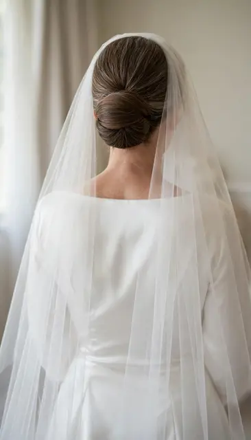Rear view of a bride with a sleek chignon, long sheer veil, and plain satin wedding gown in soft indoor light