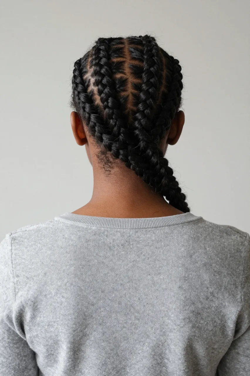 Rear view of a Black woman showing neat straight-back cornrow braids against a plain wall
