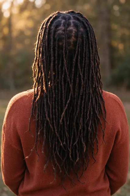 Rear view of a woman with long faux locs wearing a rust sweater in golden hour woodland light.