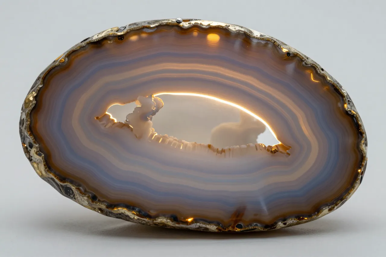 Translucent backlit agate slice with glowing layered bands rests against a plain neutral gray background