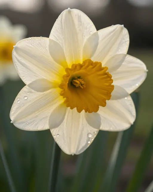 Macro close-up of a backlit white and yellow daffodil with dew droplets on its petals at sunrise