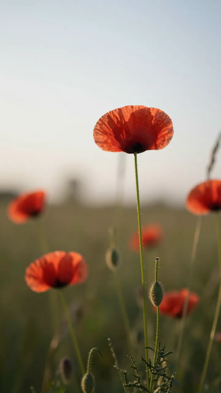 Red poppies and wild grasses stand backlit by soft warm dusk light with shallow depth of field