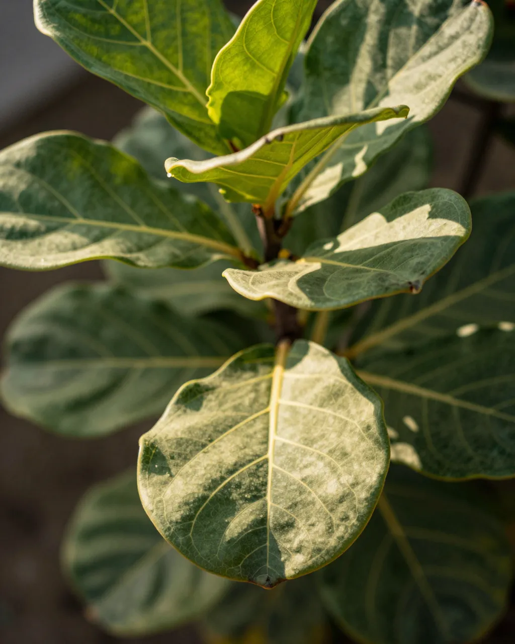 Close-up of fiddle-leaf fig leaves glowing in warm afternoon backlight, showing detailed veins.