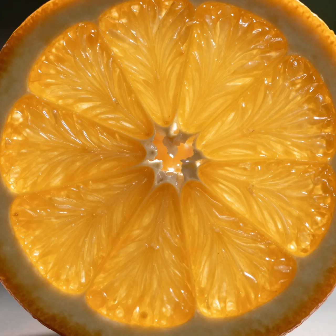 Close-up macro view of a cross-sectional orange slice glowing under backlighting, showing juicy translucent segments