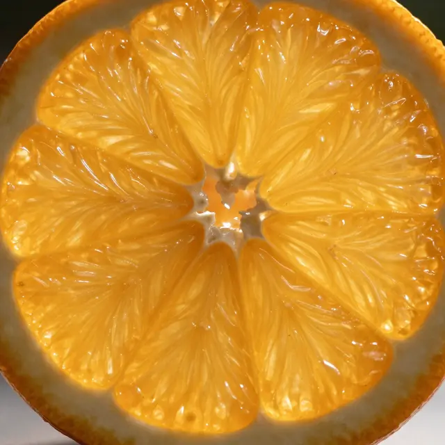 Close-up macro view of a cross-sectional orange slice glowing under backlighting, showing juicy translucent segments