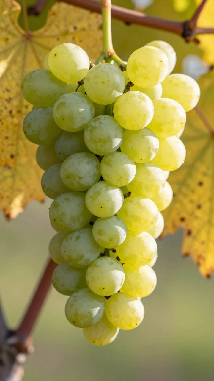 A bunch of pale green grapes glows in late sun framed by yellowing vine leaves