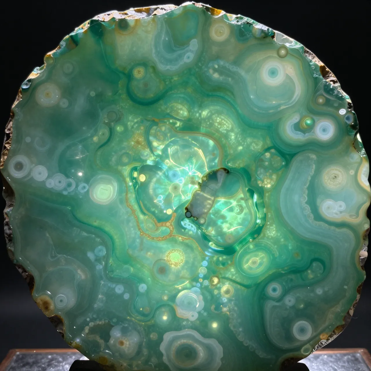 Translucent backlit polished green onyx slab with swirling cloudy and circular mineral veins on a dark background