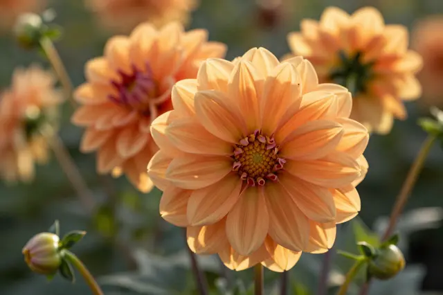 A sharp peach-orange dahlia flower glows in late afternoon sun, with blurred matching dahlias and buds behind it.