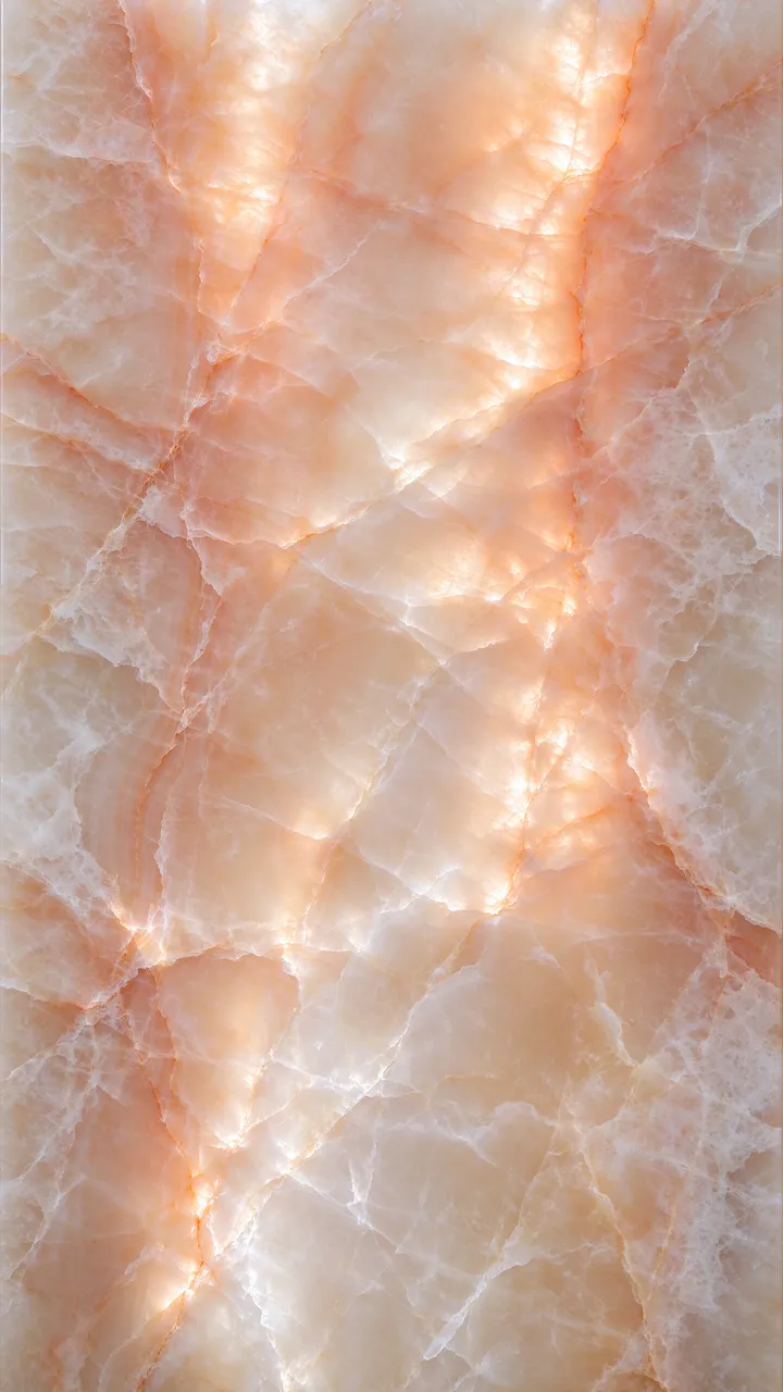Full frame close-up of backlit translucent peach and cream onyx marble with natural veining