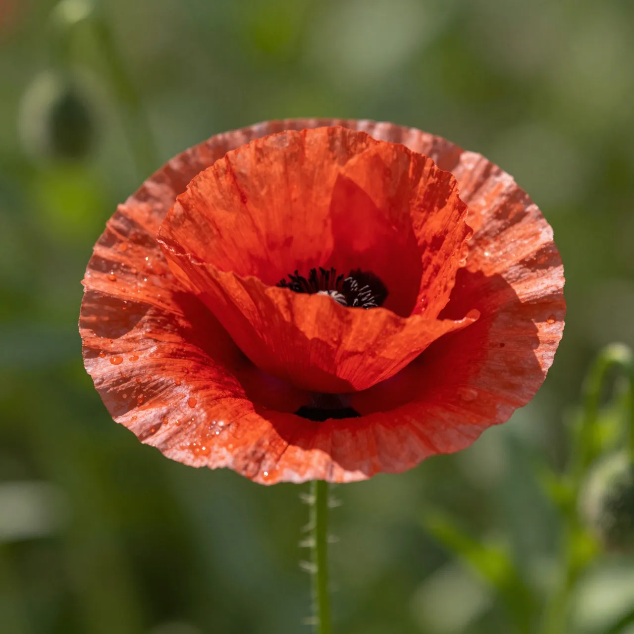 A close-up of a single red poppy with dewdrops, glowing in sunlight against blurred green foliage.