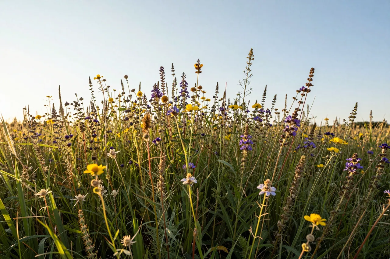 Tall summer wildflowers glow in warm evening backlight beneath a pale clear sky