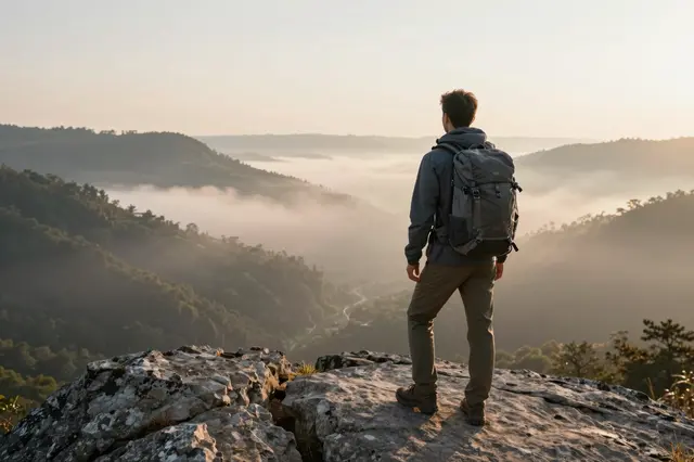 A backpacker seen from behind stands on a rocky viewpoint above a foggy forest valley at sunrise.