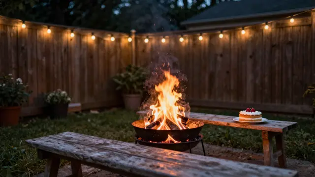 Glowing backyard bonfire sits beside a small cake on a wooden bench beneath strung warm string lights at dusk