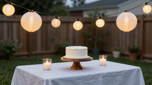 A frosted white birthday cake on a wooden stand sits on a linen-covered table beneath glowing string lanterns in a backyard