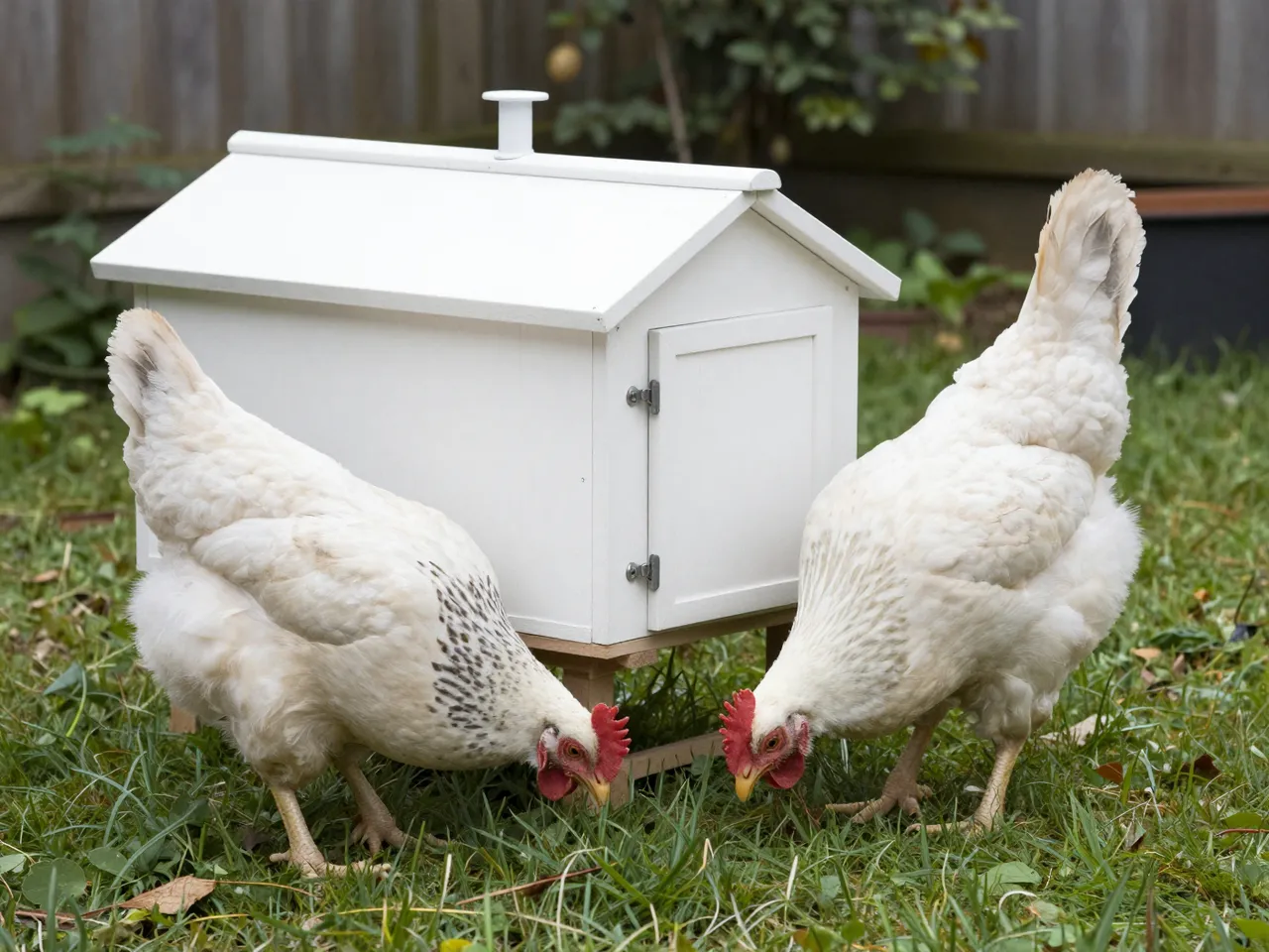 Two white hens pecking at grass beside a small white backyard chicken coop.