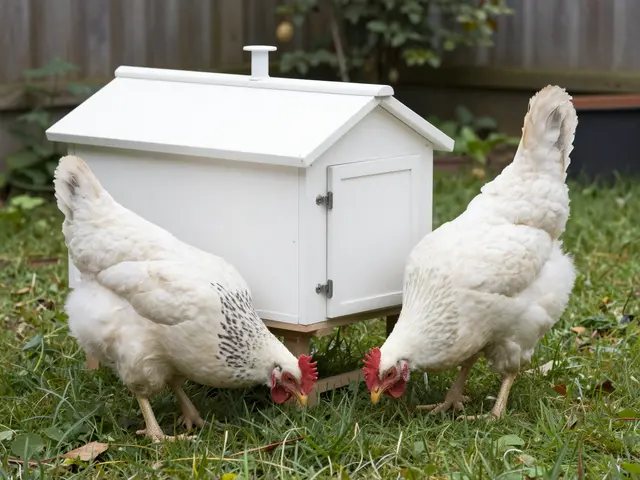 Two white hens pecking at grass beside a small white backyard chicken coop.