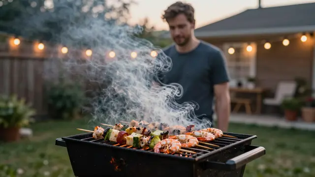 A man grills vegetable and shrimp skewers on a barbecue at dusk beneath glowing string lights
