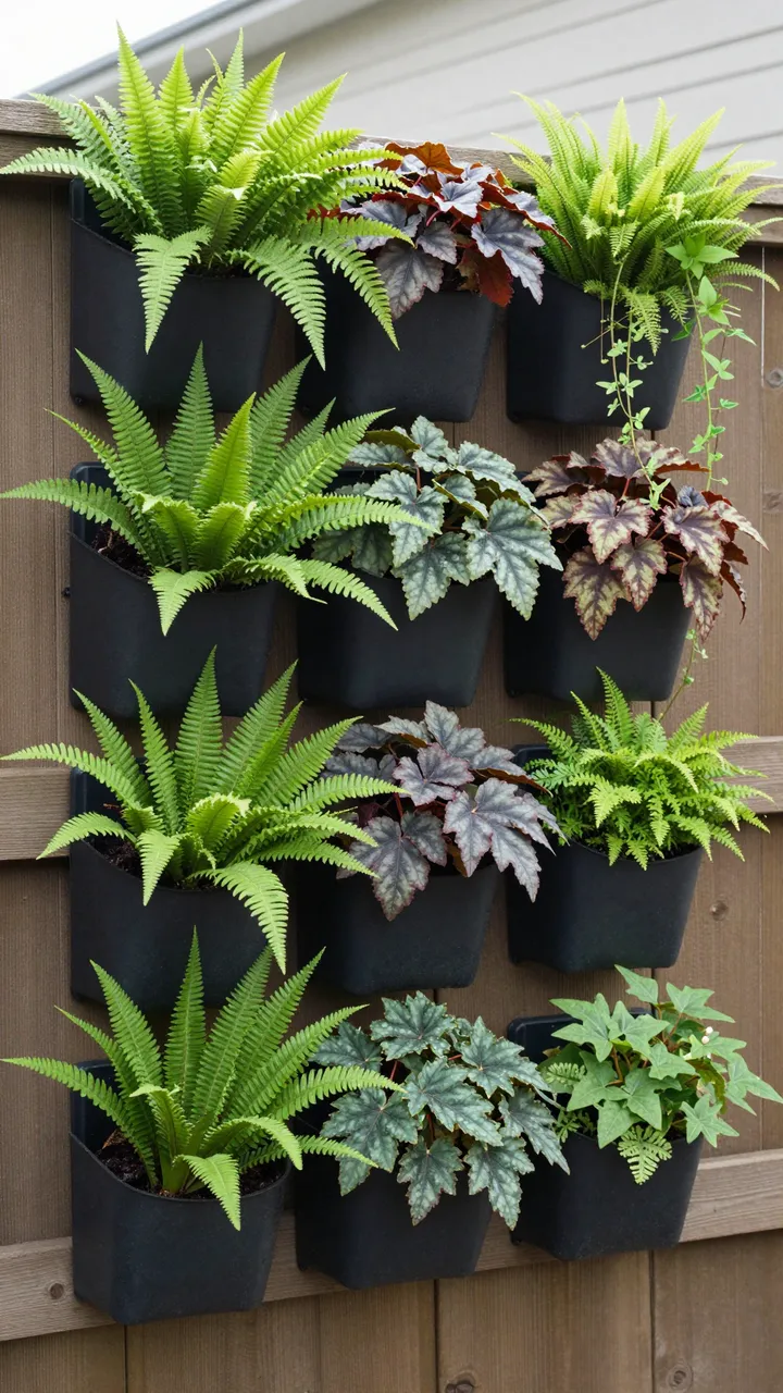 Tiered black wall planters with ferns, heuchera and trailing ivy mounted on a wooden backyard fence