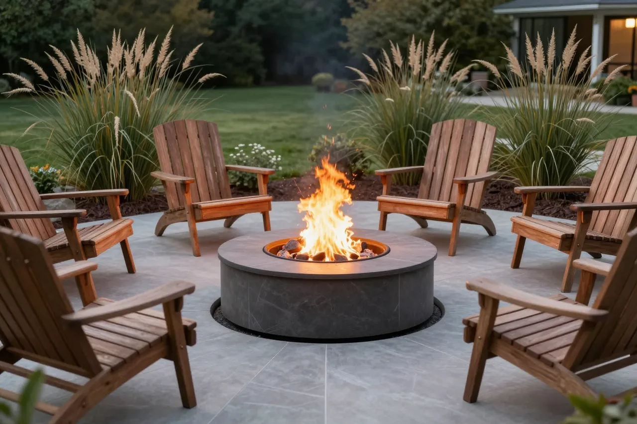 A lit circular sunken fire pit surrounded by wooden lounge chairs and ornamental grasses on a backyard patio at dusk