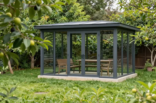 A dark framed glass garden studio sits on a lawn surrounded by fruit trees and green foliage