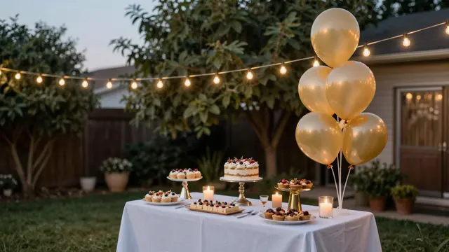 Dessert table with treats, gold balloons and string lights arranged in a dusk backyard for a party with no guests present