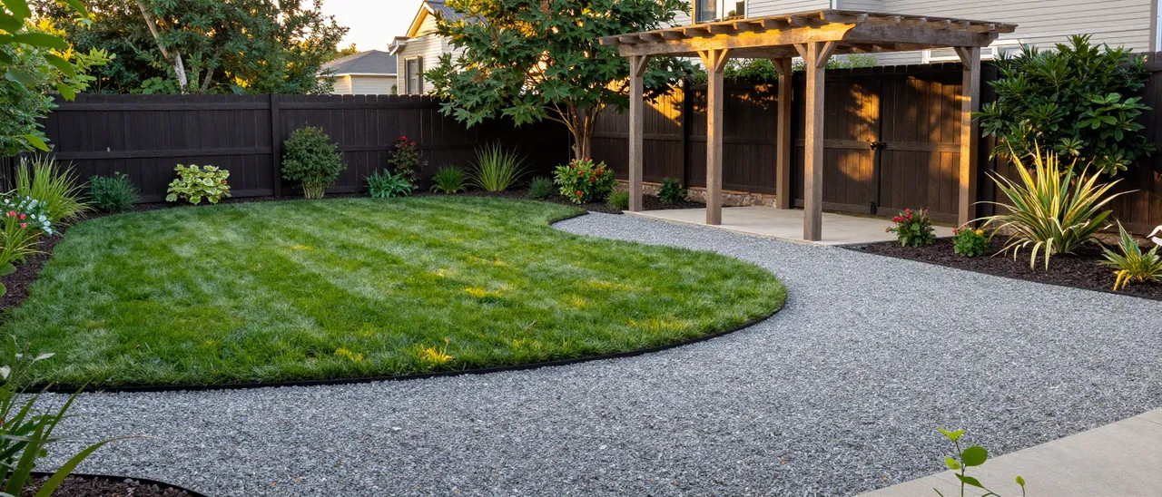 Curved lawn, gravel path, and timber pergola in a residential backyard at warm golden hour