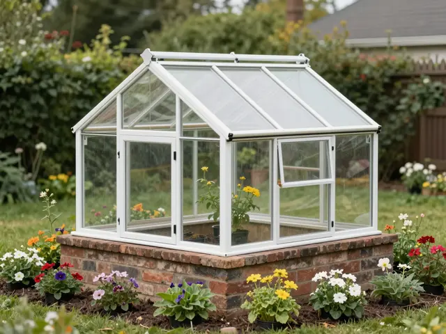 Small white-framed glass greenhouse on a brick base surrounded by summer flower beds