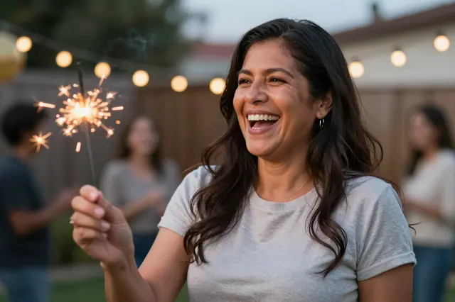 Laughing Latina woman holds a lit sparkler at a dusk backyard holiday party with string lights