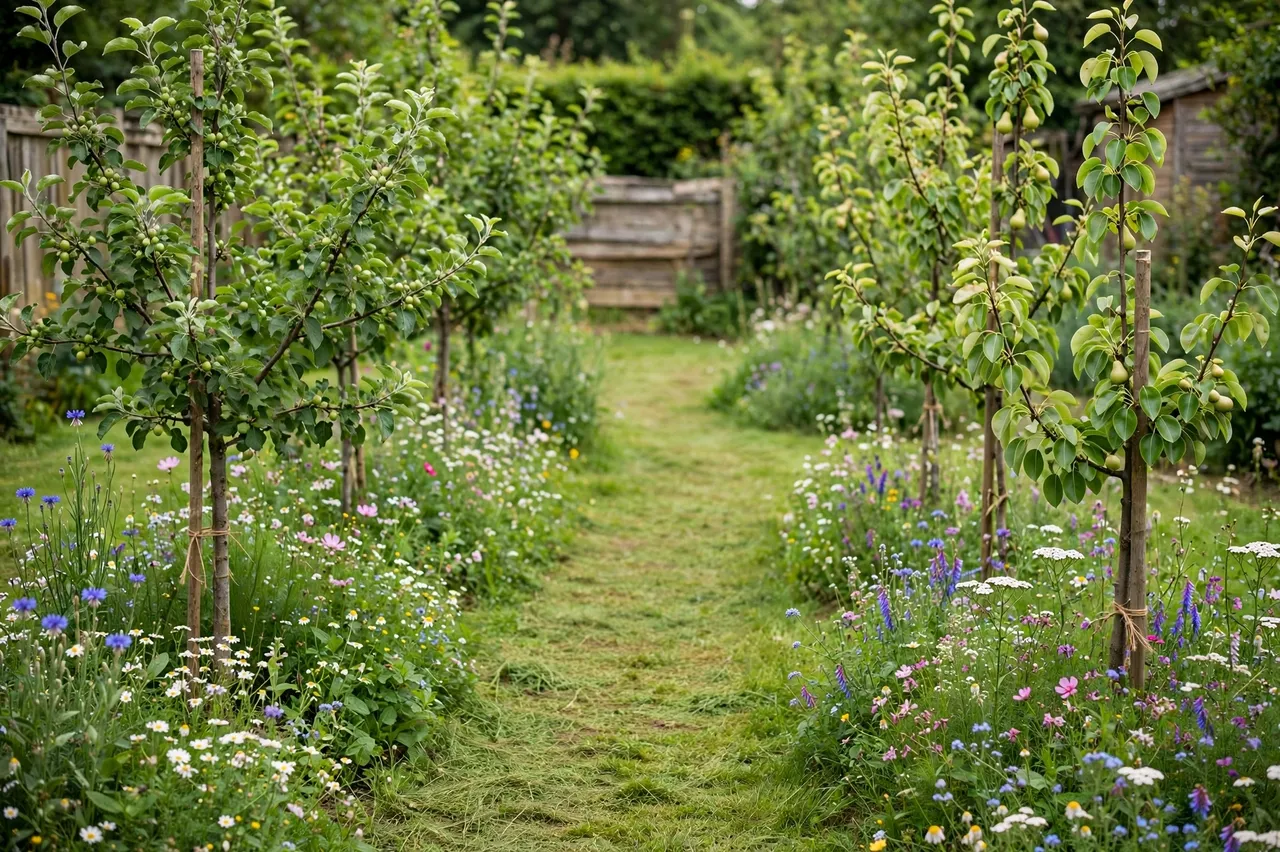 Mown grass path runs between young fruit trees and colorful wildflowers in a small backyard orchard