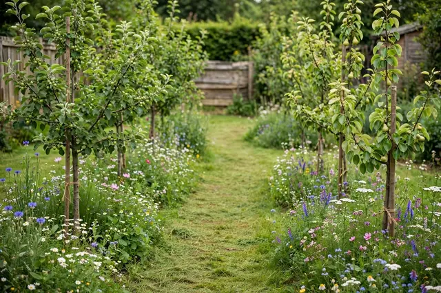 Mown grass path runs between young fruit trees and colorful wildflowers in a small backyard orchard