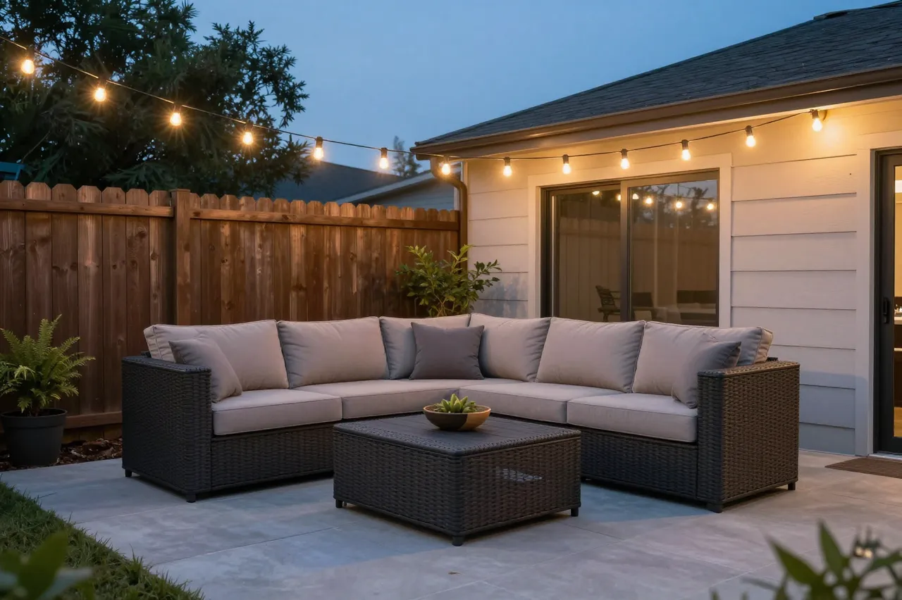Inviting residential backyard patio with wicker sectional sofa, string lights, and potted plants during blue hour dusk
