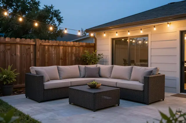 Inviting residential backyard patio with wicker sectional sofa, string lights, and potted plants during blue hour dusk