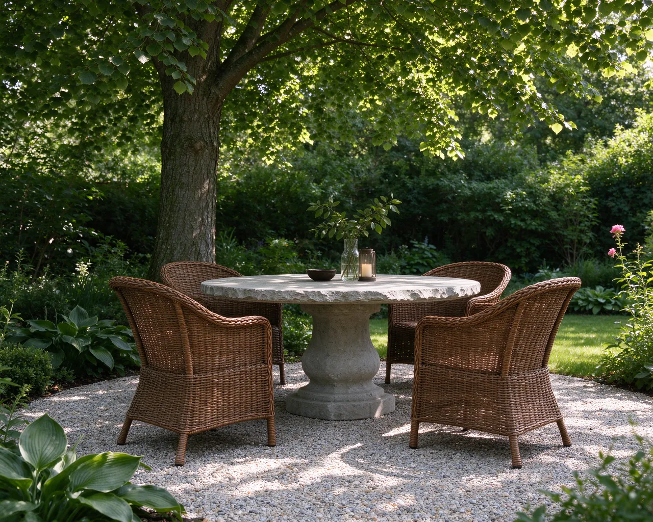 Round stone table with wicker chairs sits under a linden tree on a crushed granite garden patio in dappled sunlight
