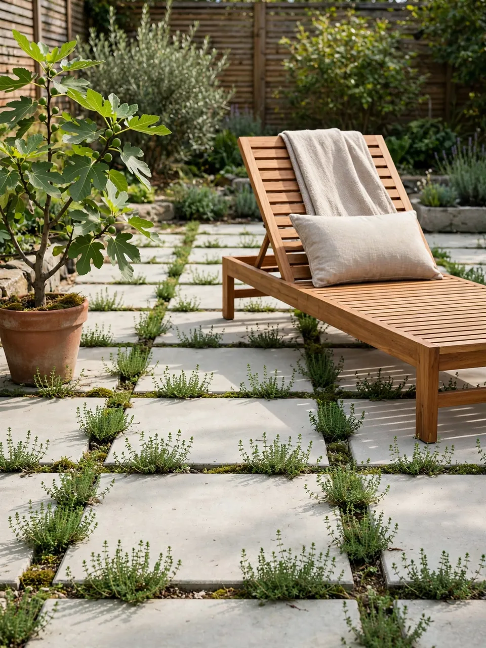 A sunny backyard patio with concrete pavers, thyme ground cover, a teak lounger, and potted fig tree.
