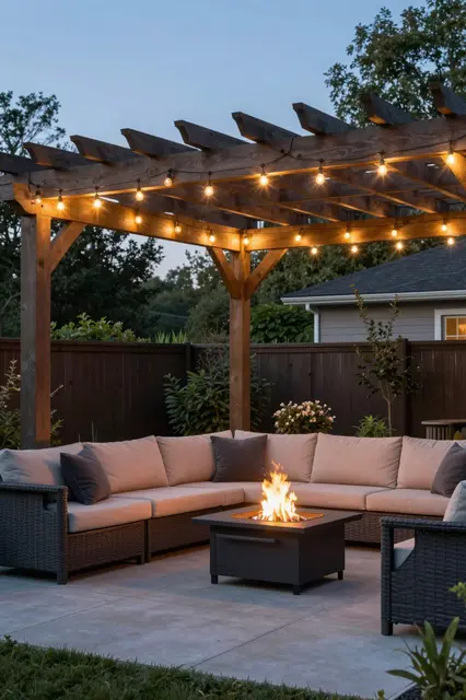 Wooden backyard pergola with string lights over an outdoor sectional and lit fire bowl at dusk