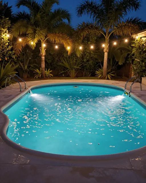 Illuminated backyard swimming pool surrounded by palm trees and string lights at blue hour night