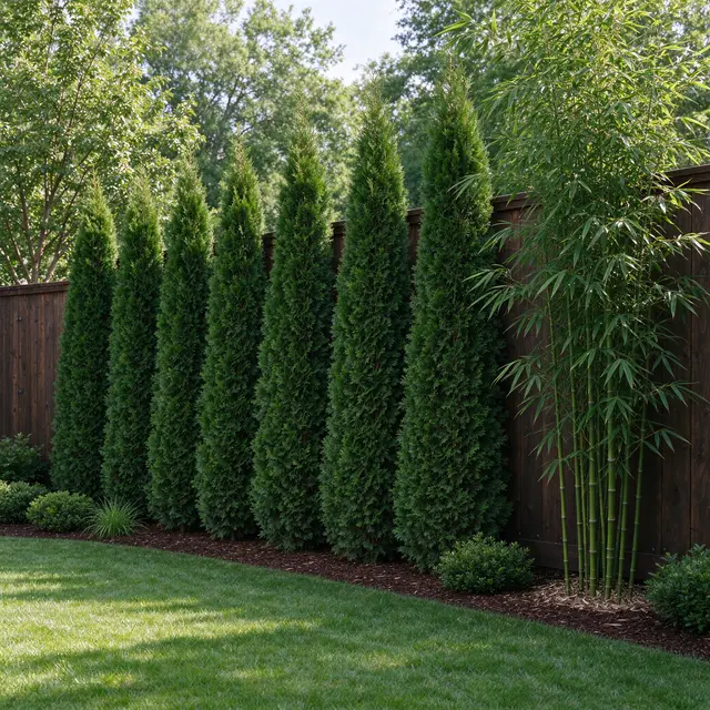 Tall arborvitae and clumping bamboo line a stained wood fence next to a green lawn