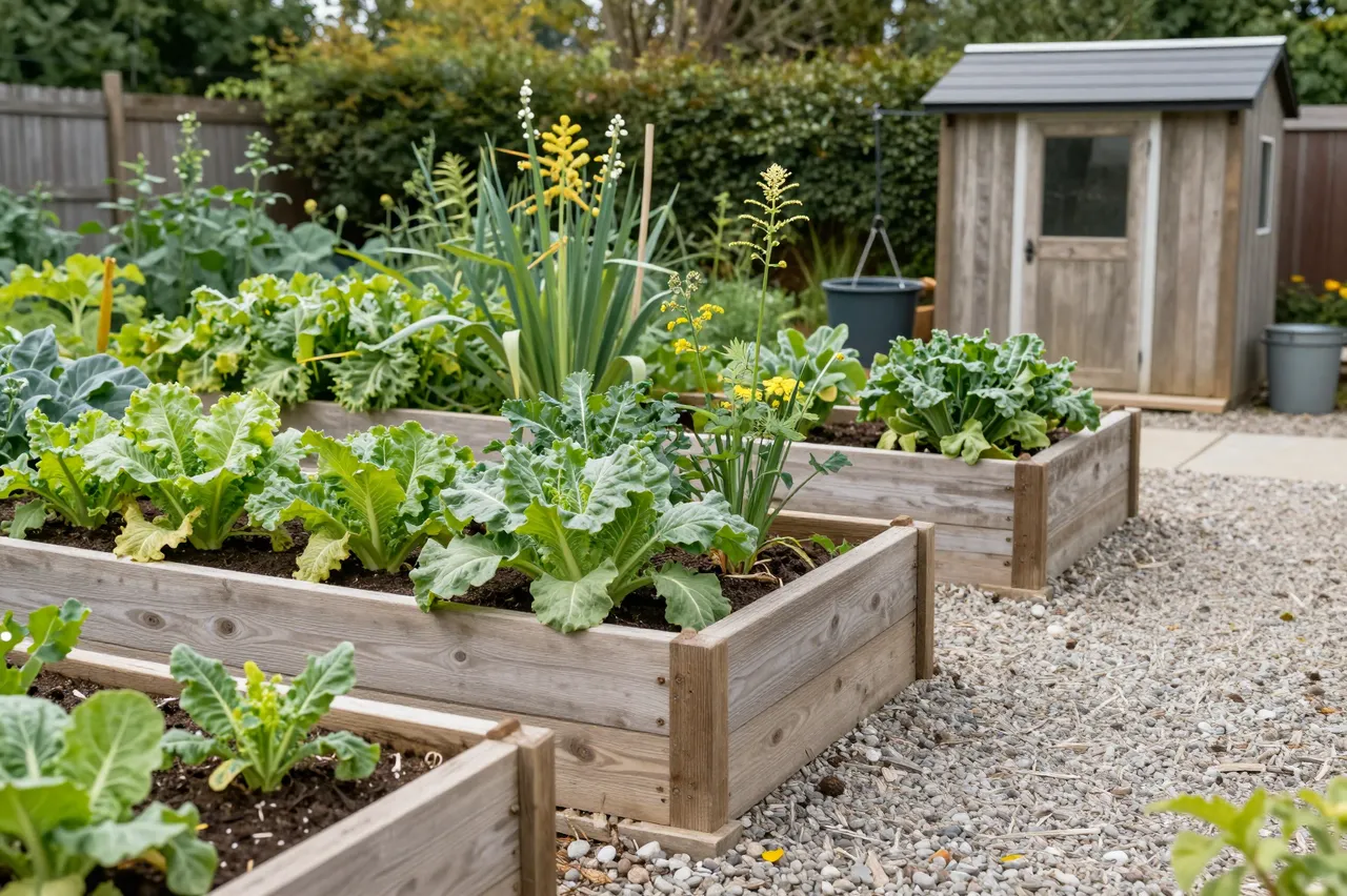 Wooden raised vegetable beds sit along a gravel path next to a small timber potting shed in a fenced backyard